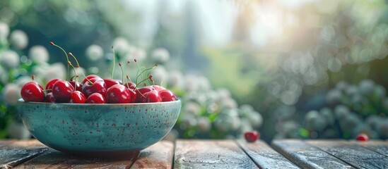 Fototapete - Close up copy space image of ripe cherries in a ceramic bowl on a wooden table with a garden backdrop perfect for adding text