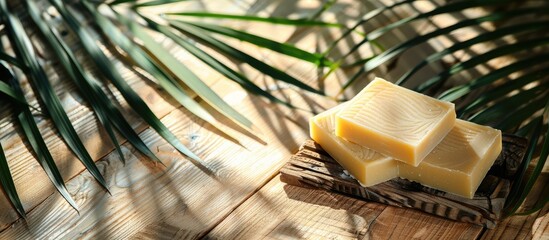 Poster - Handmade soap bars on a rustic wooden surface with soft shadows cast by palm leaves creating a serene setting for featuring spa products with ample copy space image