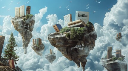 Wall Mural - Floating islands with towering book sculptures and 'World Book Day' a fantasy adventure backdrop