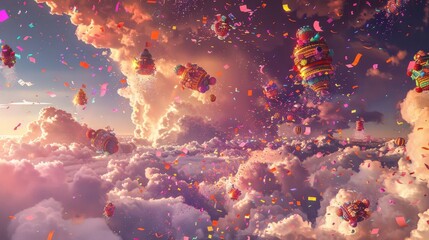 Canvas Print - Piñatas and confetti against swirling clouds a festive 5 de Mayo night sky backdrop