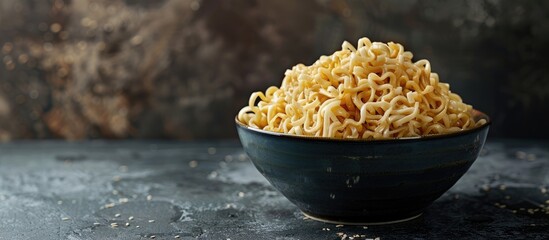 Poster - Bowl holding instant noodles on a dark backdrop with copy space image