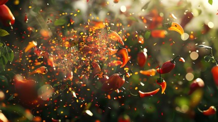 Canvas Print - Chili peppers and jalapenos floating spicy confetti in 5 de Mayo cuisine backdrop