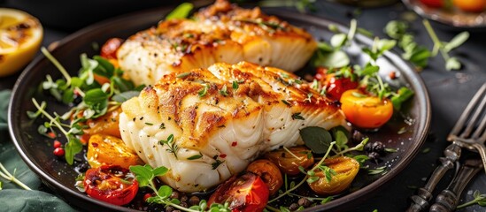 delicious homemade cod fish fillet perfect comfort food with a rustic touch. with copy space image. 