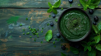 A bowl of green food with blueberries and mint leaves on a wooden table