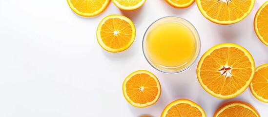 Wall Mural - Orange slices and a glass of juice on a white background with copy space image