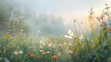 Canvas Print - Peaceful meadow with sunlight wildflowers and butterflies in serene background