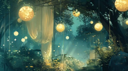 Wall Mural - Softly glowing orbs and translucent curtains in ethereal background with laughter