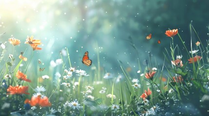 Wall Mural - Peaceful meadow with sunlight blooming flowers and butterflies in serene background