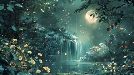 Canvas Print - Tranquil garden scene with moonlight flowers and fireflies creating peaceful backdrop