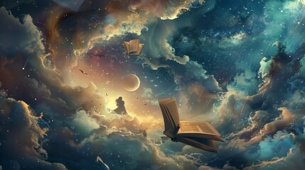 Poster - Dreamscape with book pages and ink blots in celestial background symbolizing discovery