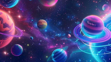 Wall Mural - Swirling stars and planets with 'Teacher's Day' in neon colors