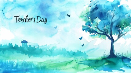 Wall Mural - Watercolor scene with blues and greens and 'Teacher's Day' in handwriting