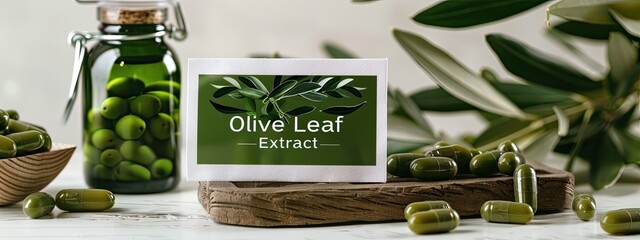 Wall Mural - Olive leaf extract in supplement capsules on the table. Selective focus.