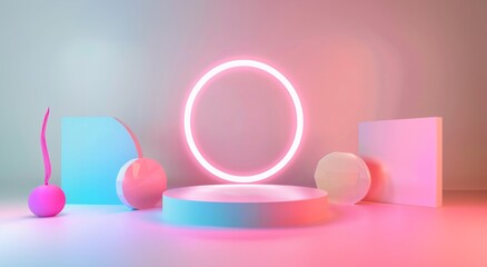 Wall Mural - Neon glowing circles hovering over an empty multi-level stage in soft pastel hues