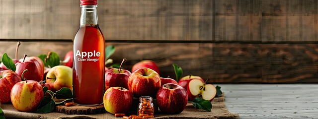 Wall Mural - Apple cider vinegar on the table. Selective focus.