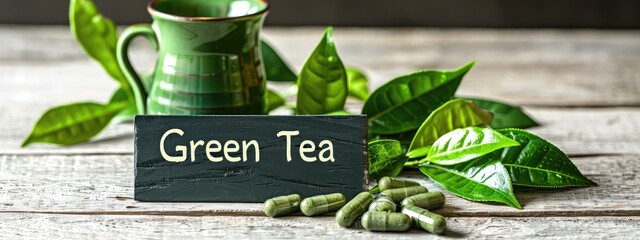 Wall Mural - Green tea capsules supplements on the table. Selective focus.