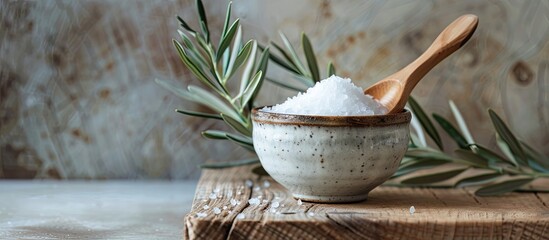Fototapete - A tiny ceramic bowl with salt and an olive wood spoon perfect for a rustic kitchen feel isolated in a beautiful setting with a blank background as a copy space image
