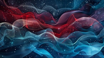 Wall Mural - Navy and turquoise fusion with red and white waves glowing stars serene backdrop