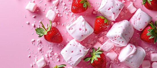 Poster - Pink homemade marshmallows or zephyr with pink strawberry dessert on a pink background creating a visually appealing copy space image