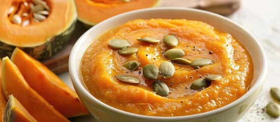 Aufkleber - Creamy roasted pumpkin and carrot soup with pumpkin seeds set against a white backdrop A cutting board displays butternut squash slices with vibrant green accents Room for a copy space image