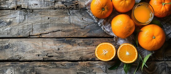 Poster - Fresh oranges and a glass of orange juice presented on a rustic wooden backdrop with space for adding images. with copy space image. Place for adding text or design
