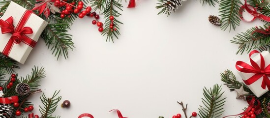 Poster - Festive holiday arrangement featuring a present evergreen branches and sweets on a blank white backdrop Overhead shot with room for text in the image. with copy space image
