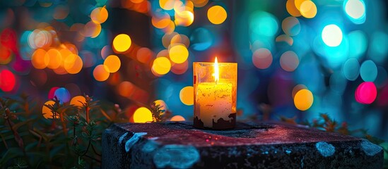 Poster - At night on All Saints Day a candle illuminates a tombstone with a colorful bokeh background providing copy space image