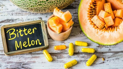 Wall Mural - Bitter melon supplements and capsules. Selective focus.