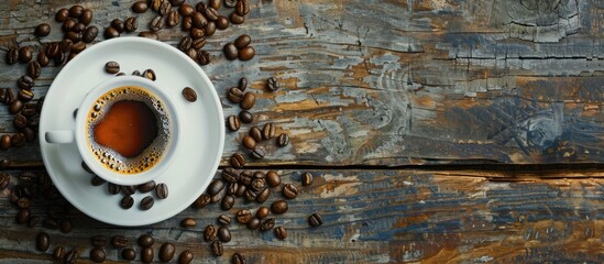 Aufkleber - A top view of a cup of coffee and coffee beans displayed on an antique kitchen table providing a copy space image for text