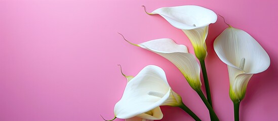 Poster - Calla lilies depicted in an abstract style on a pink background with copy space image Yellow template on a light background