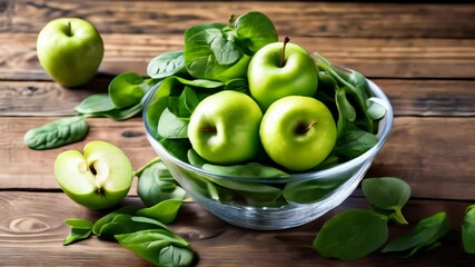 Wall Mural -  Freshly picked apples and basil leaves ready for a healthy snack or recipe