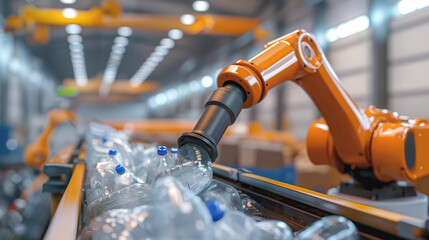 Poster - Robotic arm handling plastic bottles on a conveyor belt in an industrial factory setting.