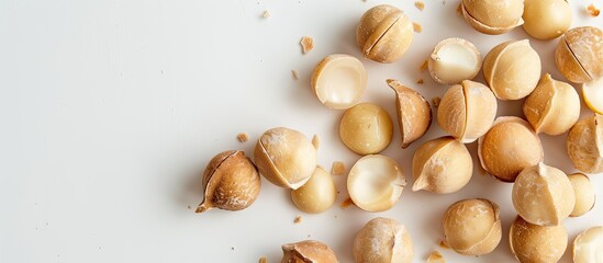 Fototapete - Macro view of whole unpeeled macadamia nuts with shelled kernels on a white background offering copy space image highlighting their nutritional value as a protein source