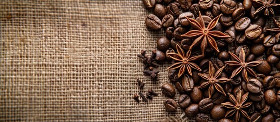 Fototapete - Copy space image of coffee and star anise on textured sackcloth background