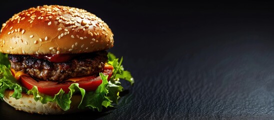 Aufkleber - Gourmet hamburger displayed on a black background with available copy space image