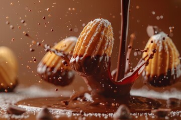 madeleines on a brown background levitation, chocolate pours from above. copy space. concept: advert