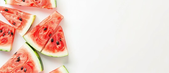 Leinwandbilder - Close up shot of ripe watermelon slices on a white background showcasing this sweet and juicy fruit with space for text ideal for a copy space image