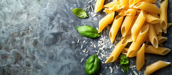 Poster - Uncooked pasta displayed on a rustic background with copy space image