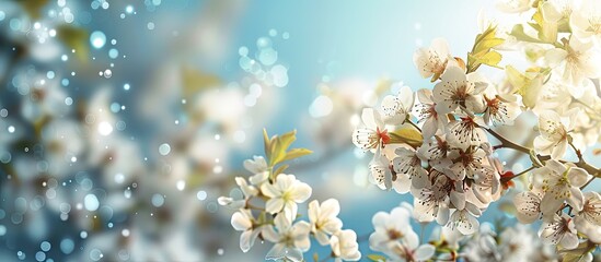 Poster - Spring has arrived with blooming white blossoms against the morning sky creating a serene background ready for you to add a copy space image