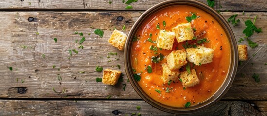 Canvas Print - Tomato cream soup with croutons in a bowl on a wooden surface perfect for adding text in the copy space image