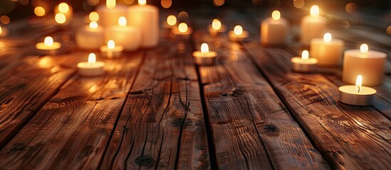 Poster - Illuminate a wooden table with multiple lit candles for a cozy ambiance and a beautiful copy space image