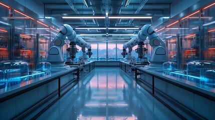 Wall Mural - Two robotic arms are performing precise tasks in a high-tech lab. The lab is brightly lit with sleek, modern design.