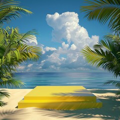 Wall Mural - 3. Rendered 3D platform in a striking yellow hue, positioned against a backdrop of a breathtaking tropical beach scene, complete with a deep blue sky dotted with fluffy clouds and verdant palm