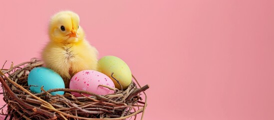 Aufkleber - Yellow chick with Easter eggs in nest on pink backdrop with room for copy space image