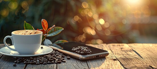 Wall Mural - Smartphone coffee cup and coffee beans displayed on a wooden table with a warm and inviting ambiance perfect for a copy space image