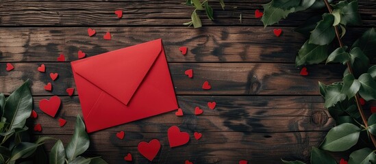 Poster - Romantic Valentine s Day mockup with red envelope on wooden backdrop adorned with small hearts Blank paper card offers copy space image for your message in the holiday setting
