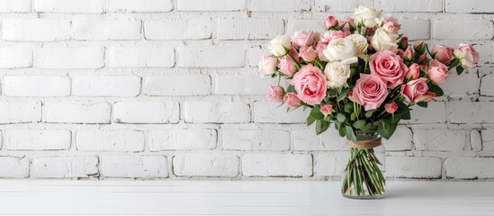 Wall Mural - Stunning Eustoma flower bouquet on a table by a white brick wall suitable for incorporating text in the image. with copy space image. Place for adding text or design