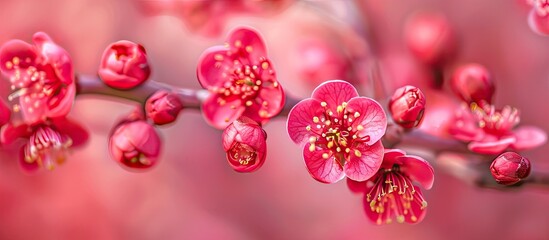 Wall Mural - Plum blossoms at their peak blooming stage creating a captivating display in a copy space image