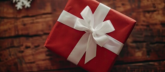 Poster - Close up top view of Christmas presents displaying a beautifully decorated gift box with a white ribbon bow creating a festive copy space image