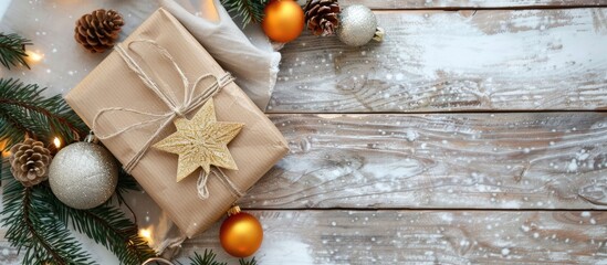 Aufkleber - Top view of a Christmas present adorned with decorations featuring ample copy space image